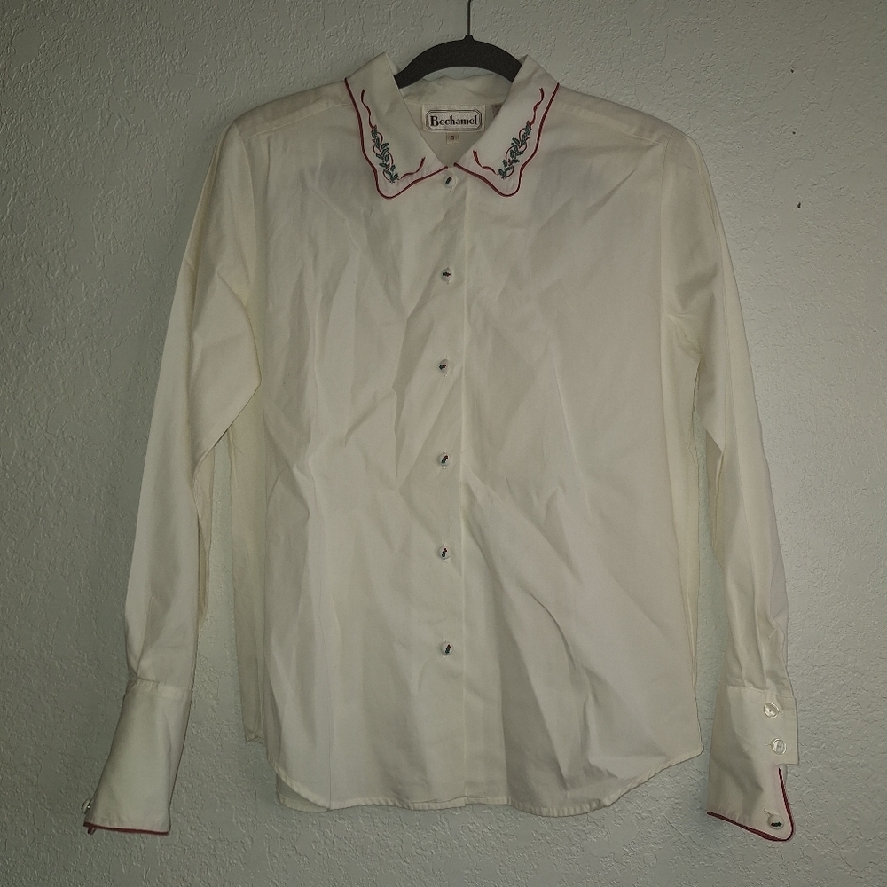Vintage Bechamel White Blouse Cotton Christmas Holly Details Size Small